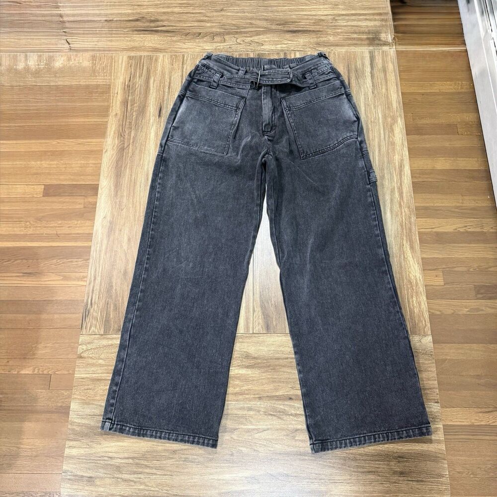 Free‎ People Gray Black Denim Relaxed Baggy Slouchy Wide Leg Jeans Women Size 4